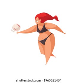 Body positive overweight woman playing beach volleyball flat vector illustration