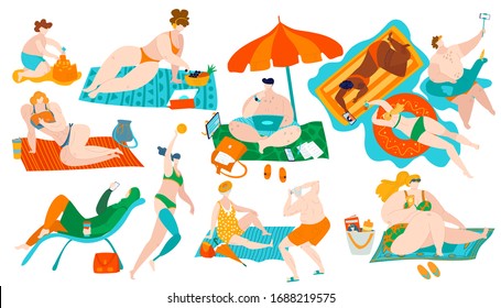 Body positive people on beach with overweight fat body set of flat vector illustrations isolated on white. Happy plus size body positive girls and elder couple, invalid and active healthy lifestyle.