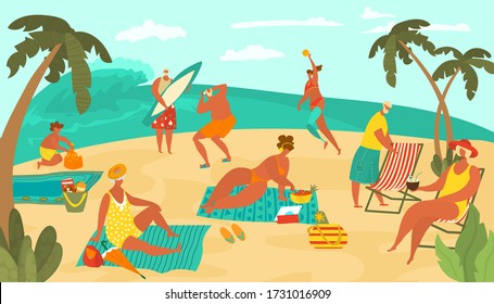 Body positive people on sea beach playing ball, sun bathing on sand, surfing and drinking coctails, palms flat vector illustration. Body positive people on sea resort vacation leisure.
