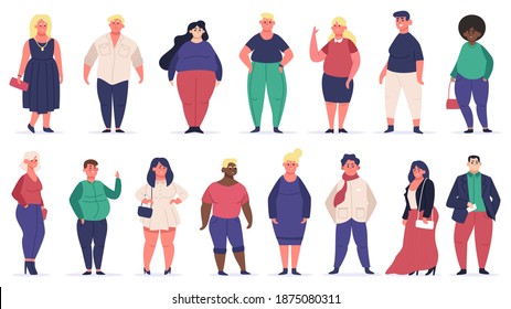 Body positive people. Plus size male and female multiracial characters, attractive curvy, overweight group. Beauty diversity vector illustrations. Oversize obesity, pretty large lady and male