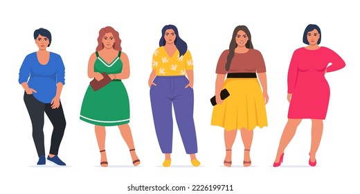 Gente con cuerpos positivos. Más caracteres femeninos de tamaño, curvas atractivas, grupo con sobrepeso. La obesidad sobredimensionada, señora bastante grande. mujeres más tamaño con hermosas ropas de moda. Ilustraciones vectoriales