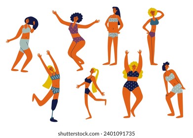 Gente positiva corporal en diseño de carácter plano para web. Agrupar personas de diferentes tipos de figuras. Mujeres con trajes de baño y ropa interior con cuerpo gordo o flaco, pierna protésica. Ilustración vectorial.