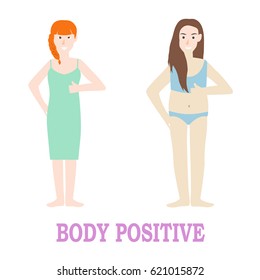 Body positive phrase. Girl with natural beautiful on white background.  Body positive concept with flat design