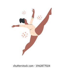 Body Positive Plump African American Woman. Plus Size Girl In Bikini Swimsuit. Chubby Large Lady Model, Gymnast And Ballerina. Jumping Overweight Cartoon Female Character. Flat Vector Illustration