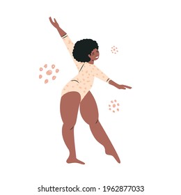 Body Positive Plump African American Woman. Plus Size Girl In Bikini Swimsuit. Chubby Large Lady Model, Gymnast And Ballerina. Dancing Overweight Cartoon Female Character. Flat Vector Illustration