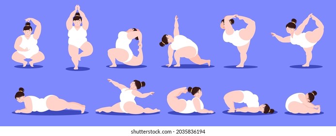 Body positive. A plump girl is engaged in yoga, meditation, physical exercise, training without being ashamed of her body. Vector illustration. Set of various positions in yoga