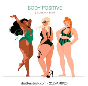 The Body Of A Positive Plump Girl In Swimsuits In Different Poses. Love Your Body. Different Ethnicity And Skin Color Of Female Characters.