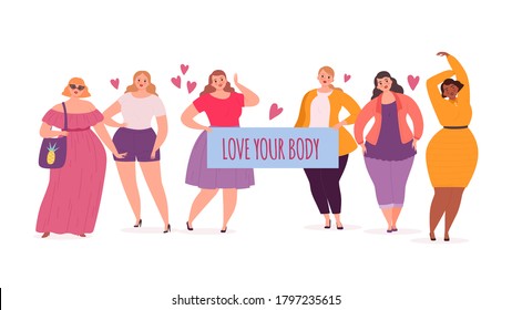 Body positive. Plump women, oversize model girls with placard love your body. Cute fat female characters vector illustration