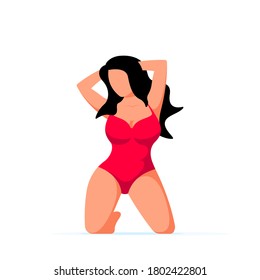 Cuerpo positivo, además de tamaño mujer atractiva en traje de baño posando sobre las rodillas. Las vacaciones de verano, la vida de la gente es el concepto de tamaño. Ilustración vectorial de estilo plano aislada en fondo blanco