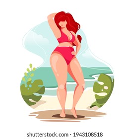 Body positive, plus size attractive redhead woman wearing pink swimsuit stands on sea beach. Concept woman character on holiday, vacation. Vector illustration isolated on white background