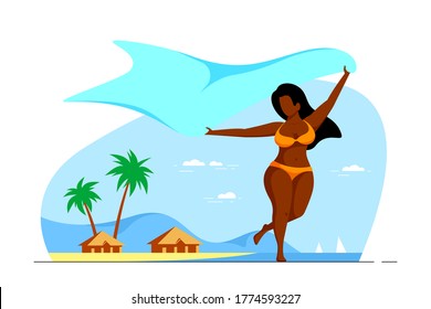 Cuerpo positivo, además de una mujer afroamericana de tamaño negro corriendo con bufanda en la playa. Vacaciones de verano, concepto de autoaceptación. Ilustración vectorial de estilo plano.