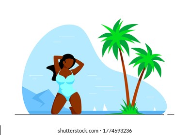 Körperpositiv, plus große schwarz-afrikanische Amerikanerin posiert auf den Knien am Strand. Sommerurlaub, Leben der Menschen xl Größe Konzept. Flache Vektorgrafik.