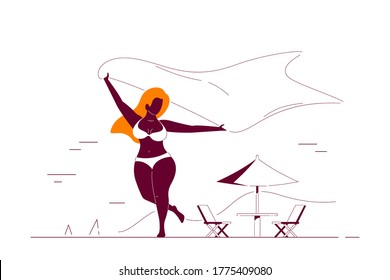 Body positive, plus size black african american woman running with scarf at the beach. Summer vacation, self acceptance concept. Flat style line art vector illustration.