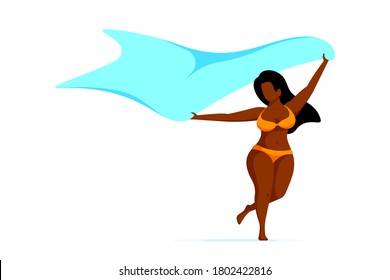 Mujeres afroamericanas de talla negra que corren con bufanda. Vacaciones de verano, concepto de autoaceptación. Ilustración vectorial de estilo plano aislada en fondo blanco.