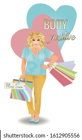 Body positive plus size blonde woman with shop bags, vector illustration