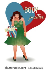 Body positive plus size brunette girl with shopping bags, vector illustration