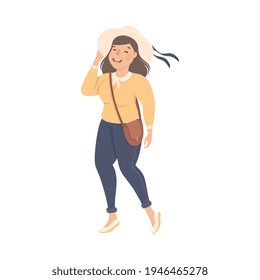 Body Positive or Plus Size Smiling Woman Walking Holding Her Hat Vector Illustration