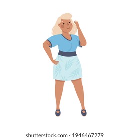 Body Positive or Plus Size Smiling Blond Woman in Standing Pose Vector Illustration