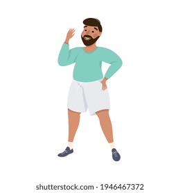 Body Positive or Plus Size Smiling Bearded Man Waving Hand Vector Illustration