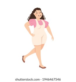 Body Positive or Plus Size Smiling Woman in Walking Pose Vector Illustration