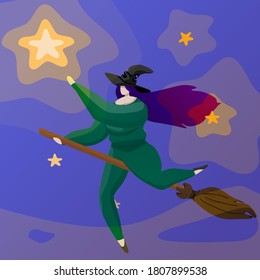Una bruja de cuerpo positivo más tamaño con traje verde y mago que está volando en la escoba y llega a la estrella. Diseño decorativo de Halloween. Ilustración vectorial moderna de estilo plano con carácter sin rostro.