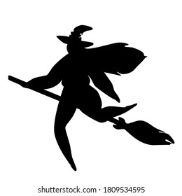 Body positive plus size witch is flying on the broom. Isolated silhouette black on white, vector illustration.
