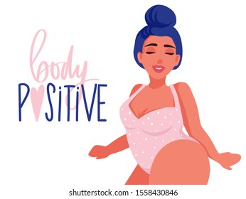 Body positive. Plus size Woman dressed in swimsuits. Happy girl flat style illustration. Attractive overweight lady. Female cartoon character.