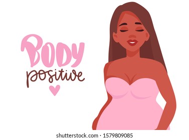 Body positive. Plus size Woman dressed in swimsuits. Happy girl flat style illustration. Attractive overweight lady. Female cartoon character.