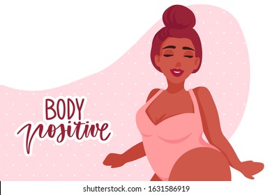 Body positive. Plus size Woman dressed in swimsuits. Happy girl flat style illustration. Attractive overweight lady. Female cartoon character.