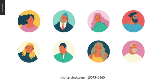 Body positive portraits set - hand drawn flat style vector design concept illustration of men and women, male and female faces and shoulders avatars. Flat style vector icons set