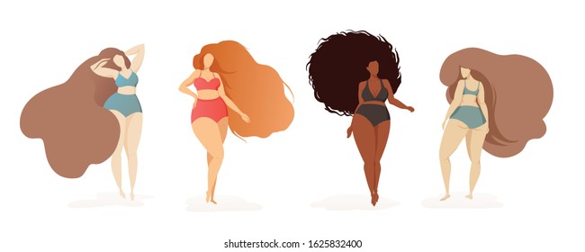 Body positive poster with 4 women of different skin and hair shades in multi-colored swimsuits. Female characters in bikini. Happy women positive concept. Plus size body