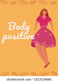 Body positive poster vector template. Feminism movement. Brochure, cover, booklet page concept design with flat illustrations. Overweight woman. Advertising flyer, leaflet, banner layout idea