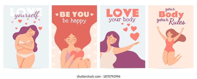 Body positive posters. Love yourself prints with happy woman with self esteem, heart and motivation quote. Women or valentine day vector set. Your body your rules, plus size or overweight girls