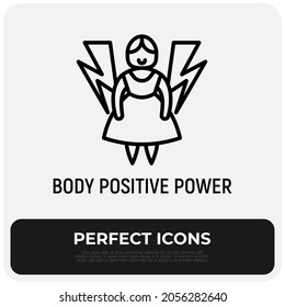 Body positive power thin line icon, woman size plus. Modern vector illustration.