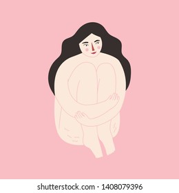 Body positive. Pretty plus size woman on pink backgroung. Flat vector illustration.