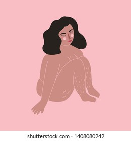 Body positive. Pretty plus size woman on pink backgroung. Flat vector illustration.