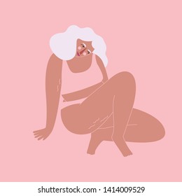 Body positive. Pretty plus size woman on pink backgroung. Flat vector illustration.