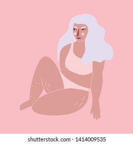 Body Positive. Pretty Plus Size Woman On Pink Backgroung. Flat Vector Illustration.