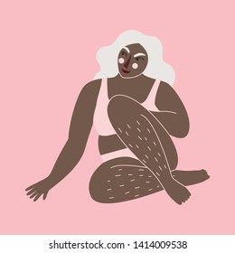 Body positive. Pretty plus size woman on pink backgroung. Flat vector illustration.