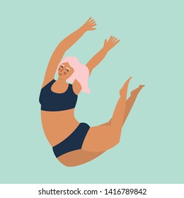 Body positive. Pretty plus size woman on turquoise backgroung. Flat vector illustration