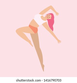 Body positive. Pretty plus size woman on pink backgroung. Flat vector illustration