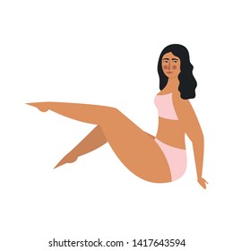 Body positive. Pretty plus size woman isolated on white backgroung. Flat vector illustration.