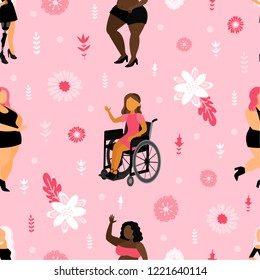 Body positive. Seamless pattern with  female cartoon characters. Beauty diversity. Disabilities. Woman with wheelchair, blonde girl with prosthetic leg, happy plus size girls and  girl with naevus.