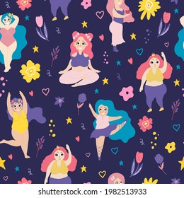 Body positive. Seamless pattern with plus size women. The ballerina is dancing. The girl does gymnastics. Stylish full girls in swimsuits, dresses with flowers. Decoration of decorative wallpaper.