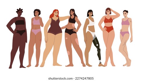 Cuerpo positivo y autoaceptación. Mujeres de diferentes edades, colores de piel, grupos étnicos y tipos de cuerpo. Chicas en traje de baño unidas. Dibujo vectorial plano de dibujos animados aislado en blanco