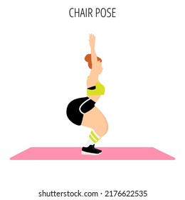 Body positive and self acceptance. Yoga posture or asana. Female cartoon yoga pose. Full body yoga workout vector illustration