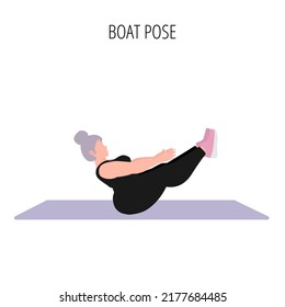 Body positive and self acceptance. Yoga posture or asana. Female cartoon yoga pose. Full body yoga workout vector illustration