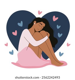 Body positive, self care or happy women's day illustration. Cute girl with heart shaped long hair. Self care, love yourself icon or body positive concept