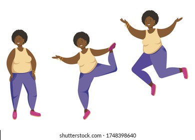 Körperpositive Einstellung. Set von schönen plus Größe Frau in verschiedenen Posen. Plus Größe Frau auf weißem Hintergrund. Fröhliches übergewichtiges Mädchen im flachen Cartoon-Stil.