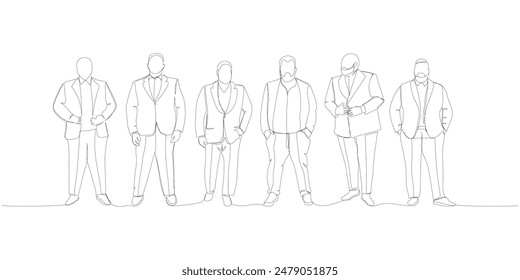 body positive set, curvy men in suits, plus size, XL models one line art. Continuous line drawing of body positive, overweight, plus size model, XL, health, fashion, self acceptance.